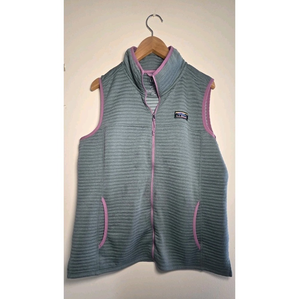 LL Bean Vest Women Large Green Airlight Full Zip Fleece Lightweight Hiking Layer